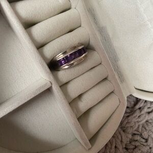 Silver Amethyst Channel Set Stones Ring with Fluted Sides - Size 5.5